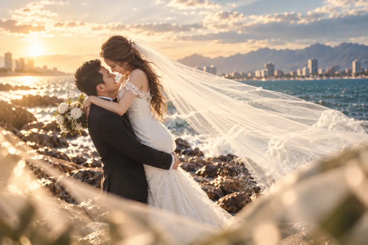 A newlywed couple photographed by KOORI PHOTOS during a sunset wedding portrait session.